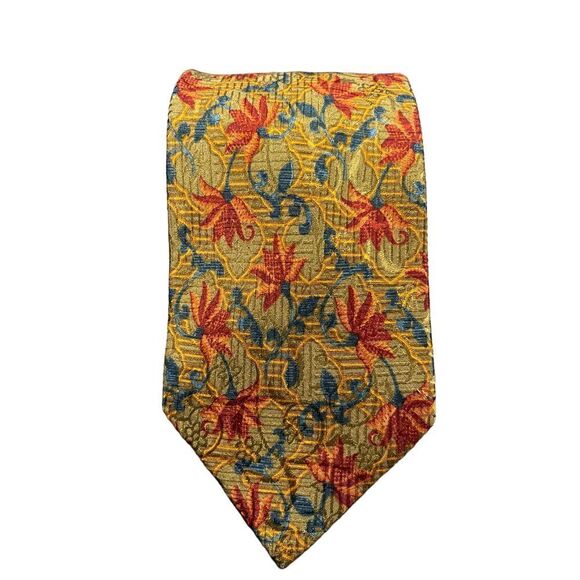 Ermenegildo Zegna Luxury Silk‎ Tie Vibrant Floral Pattern Gold Blue Red Z-101